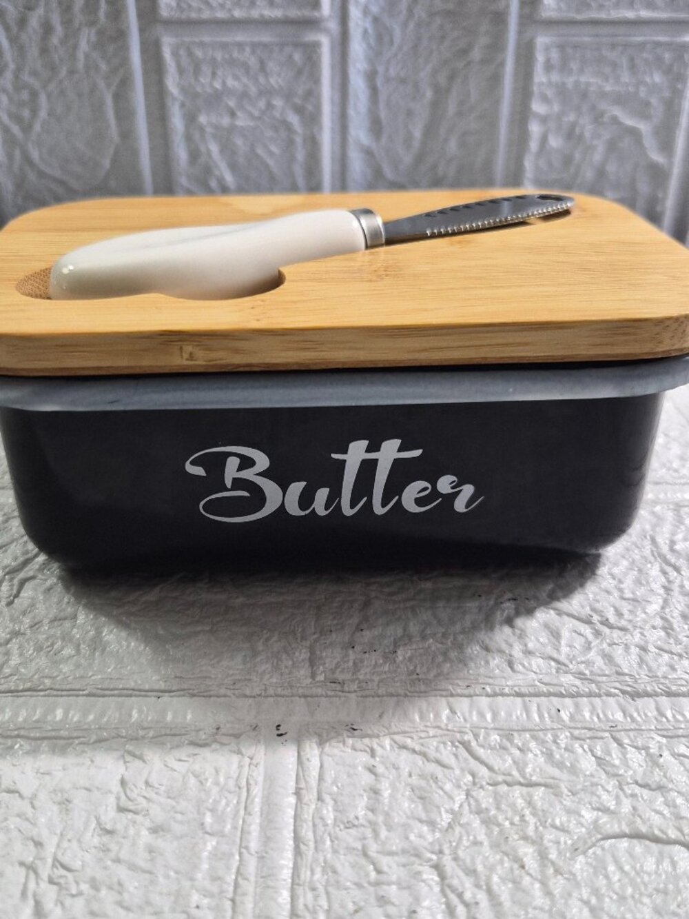 Butter Dish Lid and Butter Curler Knife Unbreakable Script Black Bamboo